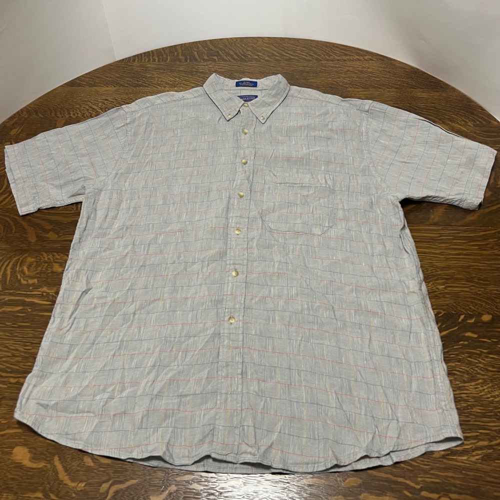 Pendleton Button Down Shirt Mens XL Blue Plaid Linen Rayon Short Sleeve Pocket